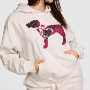 PINK x LoveShackFancy Hoodie Sweatshirt Heather Red Plaid Dog Size Small NWOT